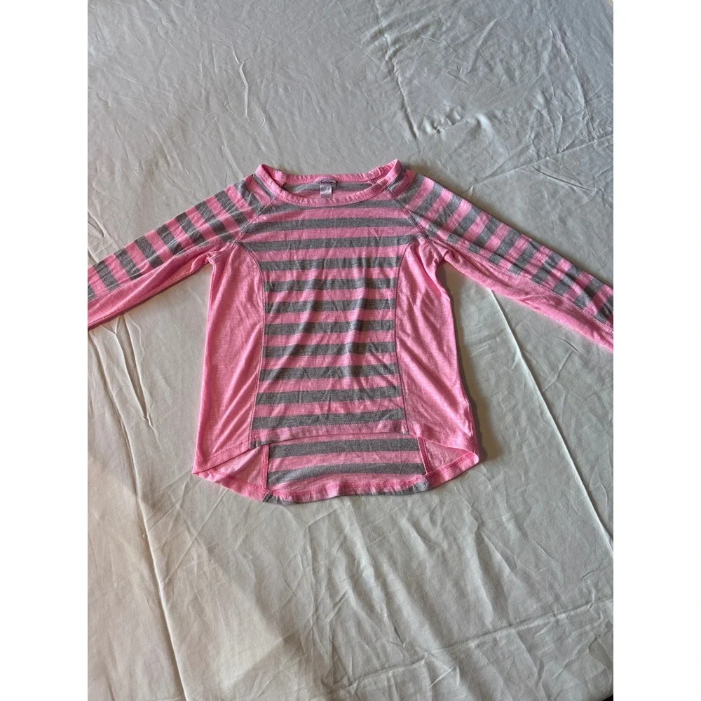 Justice Striped Top Girls Size 8 Pink‎ Gray Excellent High-Low Long Sleeve Shirt